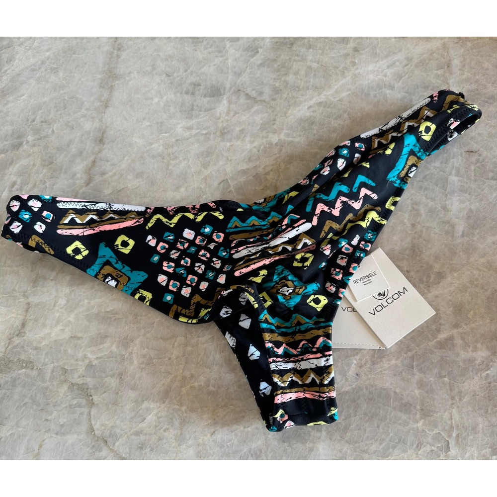 Volcom Simply Solid Reversible V-Bikini Bottoms Black Multi Tribal Print Lg New - Picture 6 of 9